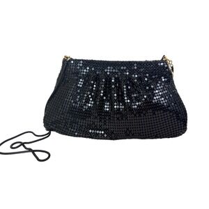 Vintage Black Metal Mesh Evening Bag Pleated Clutch Snake Chain Made in HK